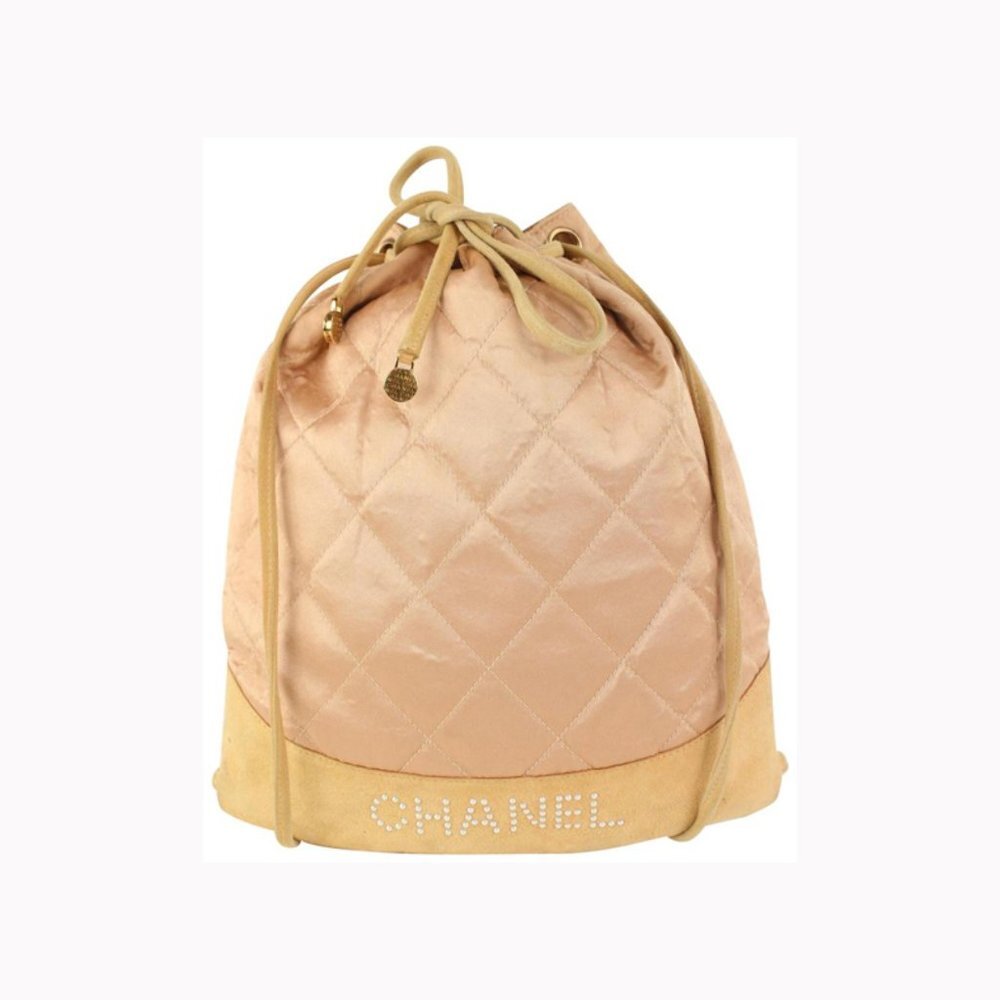 Chanel Pink Quilted Satin Crystal Logo Drawstring